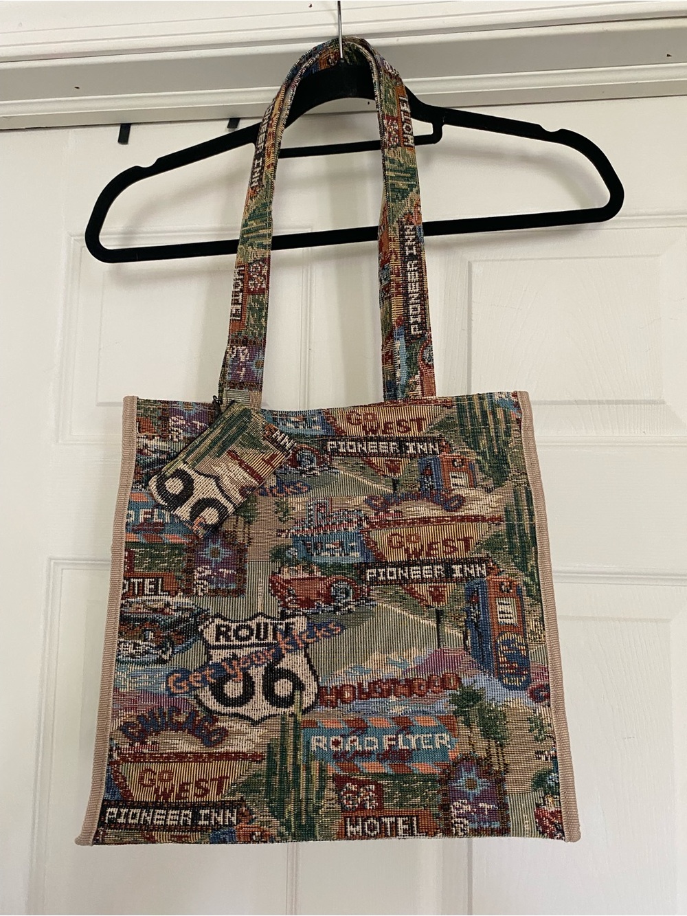 New Jade Route 66 Tapestry Canvas Shoulder Tote Bag W/Coin Purse Boho Western